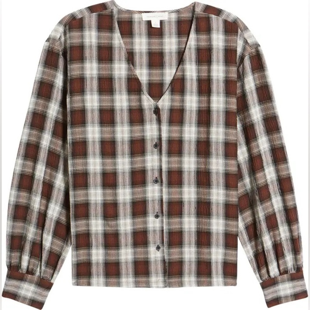 NWT Treasure & Bond Plaid V-Neck Button-Up Shirt Brown Ivory Plaid Long Sleeve L